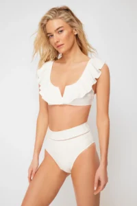 TRENDYOLMİLLA Ecru striped Regular Super High Waist Bikini Bottom - Image 7