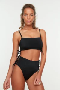 TRENDYOLMİLLA Black Piped Regular High Waist Bikini Bottom - Image 2