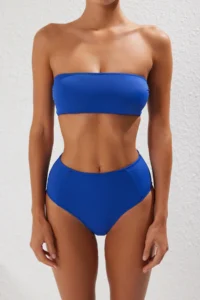 TRENDYOLMİLLA Saks Blue Strapless Covered hipster High Waist Basic Bikini Set - Image 3