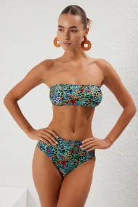 TRENDYOLMİLLA Leopard Patterned Strapless Covered hipster High Waist Bikini Set