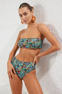 TRENDYOLMİLLA Leopard Patterned Strapless Covered hipster High Waist Bikini Set - Image 2