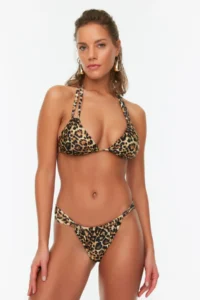 TRENDYOLMİLLA Leopard Patterned tunnelled Triangle Covered brazilian Low Waist Bikini Set
