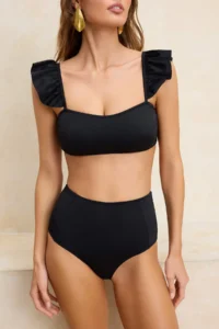 TRENDYOLMİLLA Black textured Frilly bralette Covered hipster High Waist Bikini Set - Image 4