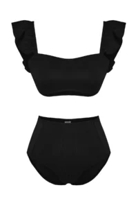 TRENDYOLMİLLA Black textured Frilly bralette Covered hipster High Waist Bikini Set - Image 6
