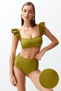 TRENDYOLMİLLA Green textured Frilly bralette Covered hipster High Waist Bikini Set