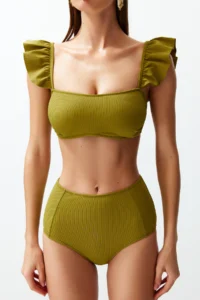 TRENDYOLMİLLA Green textured Frilly bralette Covered hipster High Waist Bikini Set - Image 5