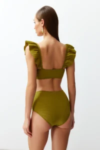 TRENDYOLMİLLA Green textured Frilly bralette Covered hipster High Waist Bikini Set - Image 6