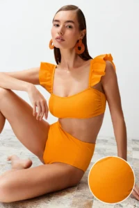 TRENDYOLMİLLA Orange textured Frilly bralette Covered hipster High Waist Bikini Set