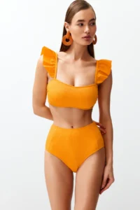 TRENDYOLMİLLA Orange textured Frilly bralette Covered hipster High Waist Bikini Set - Image 2