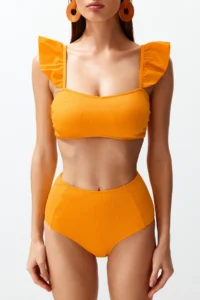 TRENDYOLMİLLA Orange textured Frilly bralette Covered hipster High Waist Bikini Set - Image 5