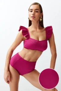 TRENDYOLMİLLA Fuchsia textured Frilly bralette Covered hipster High Waist Bikini Set