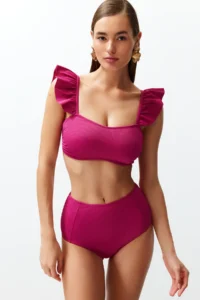 TRENDYOLMİLLA Fuchsia textured Frilly bralette Covered hipster High Waist Bikini Set - Image 2