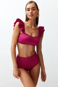 TRENDYOLMİLLA Fuchsia textured Frilly bralette Covered hipster High Waist Bikini Set - Image 4