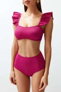 TRENDYOLMİLLA Fuchsia textured Frilly bralette Covered hipster High Waist Bikini Set - Image 5