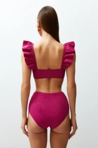 TRENDYOLMİLLA Fuchsia textured Frilly bralette Covered hipster High Waist Bikini Set - Image 6