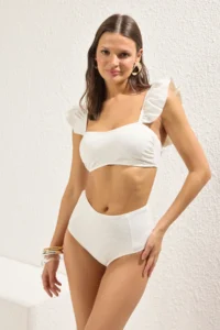 TRENDYOLMİLLA White textured Frilly bralette Covered hipster High Waist Bikini Set - Image 2