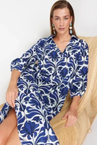 TRENDYOLMİLLA Ethnic Patterned Wide Pattern Weaving 100% Cotton Midi Beach Dress - Image 3