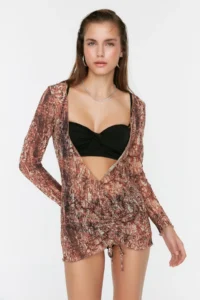 TRENDYOLMİLLA Abstract Patterned Weaving Shirred Beach Mini Dress - Image 2