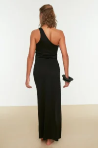 TRENDYOLMİLLA Black Knitting slit One Shoulder Maxi Beach Dress - Image 4