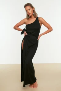 TRENDYOLMİLLA Black Knitting slit One Shoulder Maxi Beach Dress - Image 5