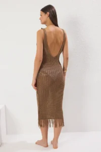 TRENDYOLMİLLA Brown Knitting Low-cut back Beach Midi Dress - Image 4