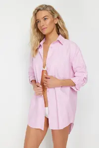 TRENDYOLMİLLA beachwear Pink Striped Weaving Maxi Shirt - Image 3