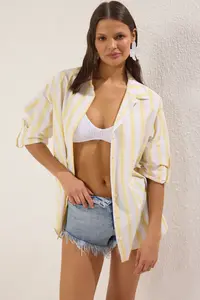 TRENDYOLMİLLA beachwear Yellow Striped Weaving Maxi Shirt