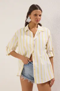 TRENDYOLMİLLA beachwear Yellow Striped Weaving Maxi Shirt - Image 2