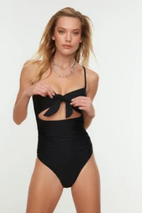 TRENDYOLMİLLA Black Cut Out Detailed Strapless Covered Regular Swimsuit - Image 4