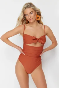 TRENDYOLMİLLA Brick Rejection Cut Out Detailed Strapless Covered Regular Swimsuit - Image 4