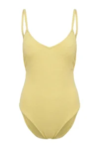 TRENDYOLMİLLA Yellow textured Low-cut back V-neck Covered Regular Basic Swimsuit