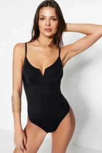 TRENDYOLMİLLA Black V-neck Regular Basic Swimsuit