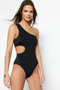 TRENDYOLMİLLA Black Cut Out/Window Detailed One Shoulder Covered Regular Swimsuit - Image 2