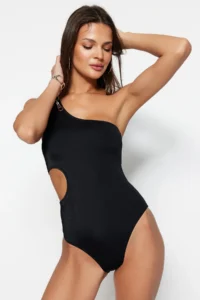 TRENDYOLMİLLA Black Cut Out/Window Detailed One Shoulder Covered Regular Swimsuit - Image 4
