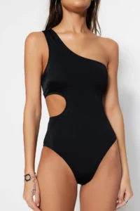 TRENDYOLMİLLA Black Cut Out/Window Detailed One Shoulder Covered Regular Swimsuit - Image 5