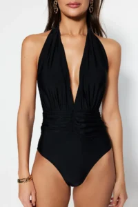 TRENDYOLMİLLA Black Shirred Deep V-neck Covered Regular Swimsuit - Image 4