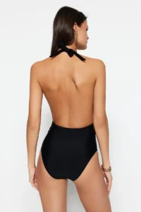 TRENDYOLMİLLA Black Shirred Deep V-neck Covered Regular Swimsuit - Image 5