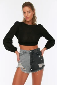 TRENDYOLMiLLA Color Bloklu denim Split Beach Mini High Waist Shorts & Bermuda