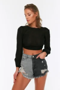 TRENDYOLMiLLA Color Bloklu denim Split Beach Mini High Waist Shorts & Bermuda - Image 2