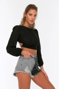 TRENDYOLMiLLA Color Bloklu denim Split Beach Mini High Waist Shorts & Bermuda - Image 4