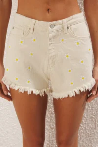 TRENDYOLMiLLA Beige denim Embroidered Beach Mini High Waist Shorts & Bermuda - Image 2