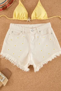 TRENDYOLMiLLA Beige denim Embroidered Beach Mini High Waist Shorts & Bermuda - Image 4