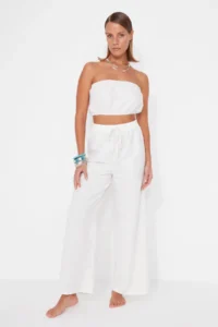 TRENDYOLMİLLA beachwear White Weaving Shirred Blouse-Pants Set