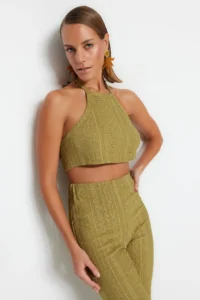 TRENDYOLMİLLA beachwear Khaki Knitting Blouse-Pants Set - Image 2