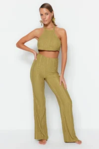 TRENDYOLMİLLA beachwear Khaki Knitting Blouse-Pants Set - Image 3