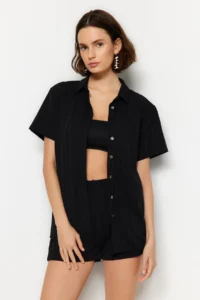 TRENDYOLMİLLA Black Weaving Beach Shirt Shorts Set