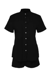 TRENDYOLMİLLA Black Weaving Beach Shirt Shorts Set - Image 7