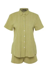 TRENDYOLMİLLA Green Weaving Beach Shirt Shorts Set - Image 7