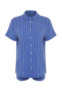 TRENDYOLMİLLA Navy Blue Weaving Beach Shirt Shorts Set - Image 7