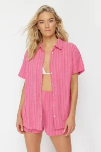 TRENDYOLMİLLA Fuchsia Weaving Beach Shirt Shorts Set - Image 2